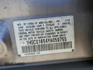 2000 Honda Accord EX with VIN 1HGCG1654YA059755, listed as a Copart auction lot 59003345 with 160,309 mi miles and Salvage title. Bid and sale history available at DreamBid. Image 12.