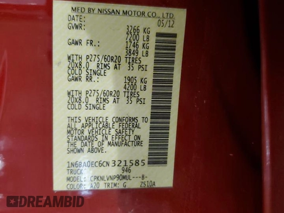 2012 Nissan Titan SV with VIN 1N6BA0EC6CN321585, listed as a Copart auction lot 80860004 with 141,092 mi miles and Salvage Title. Bid and sale history available at carsss.com. Image 12.