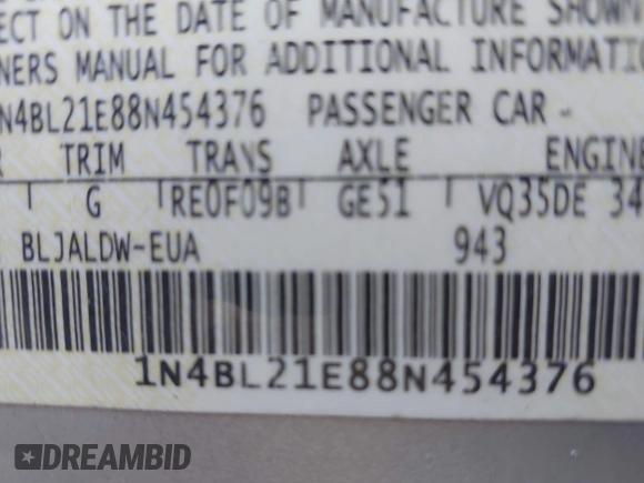 2008 Nissan Altima 3.5 SE with VIN 1N4BL21E88N454376, listed as a IAAI auction lot 41919342 with 243,006 mi miles. Bid and sale history available at carsss.com. Image 9.