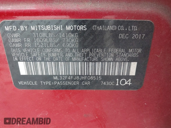 2018 Mitsubishi Mirage G4 SE with VIN ML32F4FJ8JHF08515, listed as a IAAI auction lot 41126359 with 115,006 mi miles. Bid and sale history available at carsss.com. Image 9.