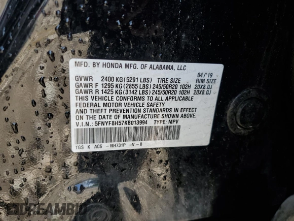 2019 Honda Passport EX-L with VIN 5FNYF8H57KB013994, listed as a Copart auction lot 63586705 with 109,703 mi miles and Non repairable. Bid and sale history available at DreamBid. Image 12.