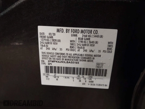 2020 Ford Edge SEL z VIN 2FMPK4J93LBA55165, wystawiony jako IAAI lot #42346860 z przebiegiem 72 201 mil mil oraz . Historia ofert i sprzedaży dostępna na DreamBid. Obrazek 9.