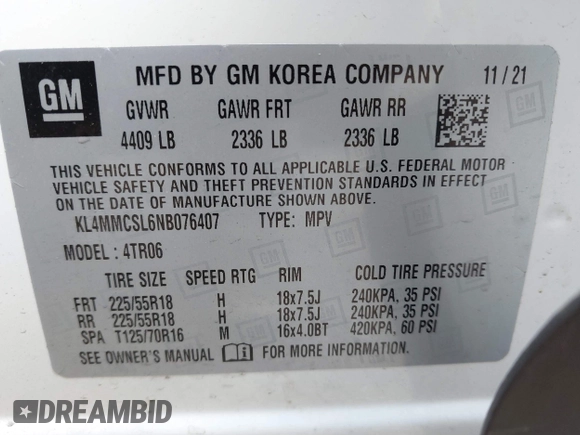 2022 Buick Encore GX Preferred с VIN KL4MMCSL6NB076407, выставлен на аукционе IAAI как лот 42252898 с пробегом 35 458 миль миль и . История ставок и продаж доступна на DreamBid. Изображение 9.