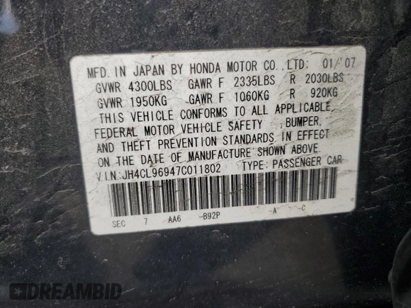 2007 Acura TSX Navi with VIN JH4CL96947C011802, listed as a Copart auction lot 53877785 with 131,173 mi miles and Clean title. Bid and sale history available at DreamBid. Image 12.