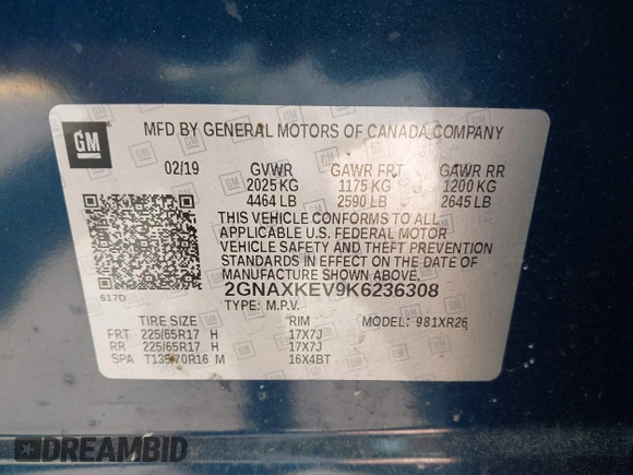 2019 Chevrolet Equinox LT with VIN 2GNAXKEV9K6236308, listed as a IAAI auction lot 42126656 with 106,074 mi miles and . Bid and sale history available at DreamBid. Image 9.