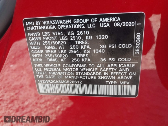2021 Volkswagen Atlas SE z VIN 1V2WR2CA3MC526612, wystawiony jako IAAI lot #41625077 z przebiegiem 70 856 mil mil oraz . Historia ofert i sprzedaży dostępna na DreamBid. Obrazek 9.