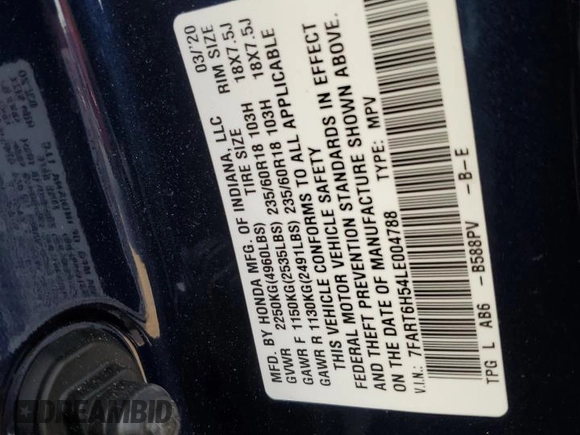 2020 Honda CR-V EX with VIN 7FART6H54LE004788, listed as a Copart auction lot 41528155 with 30,746 mi miles and Salvage Title. Bid and sale history available at DreamBid. Image 13.
