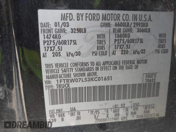 2003 Ford F-150 XLT with VIN 1FTRW07L53KC01651, listed as a IAAI auction lot 41827007 with 233,842 mi miles and . Bid and sale history available at DreamBid. Image 9.