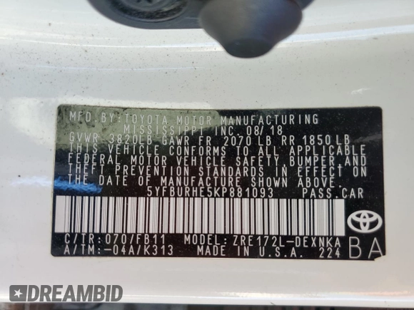 2019 Toyota Corolla L z VIN 5YFBURHE5KP881093, wystawiony jako Copart lot #47292305 z przebiegiem Nie podano mil oraz Nie do naprawy • Non repairable. Historia ofert i sprzedaży dostępna na DreamBid. Obrazek 12.