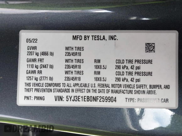 2022 Tesla Model 3 Long Range with VIN 5YJ3E1EB0NF259904, listed as a IAAI auction lot 41826642 with 42,272 mi miles and . Bid and sale history available at DreamBid. Image 9.
