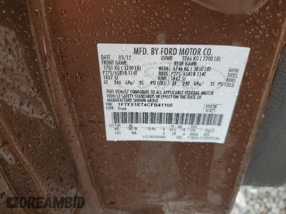 2012 Ford F-150 XL with VIN 1FTFX1ET4CFB41105, listed as a Copart auction lot 56142175 with Not provided miles and Salvage title. Bid and sale history available at DreamBid. Image 12.
