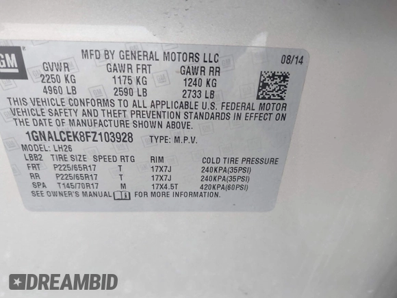 2015 Chevrolet Equinox LT with VIN 1GNALCEK8FZ103928, listed as a IAAI auction lot 41887866 with 1 mi miles. Bid and sale history available at carsss.com. Image 9.