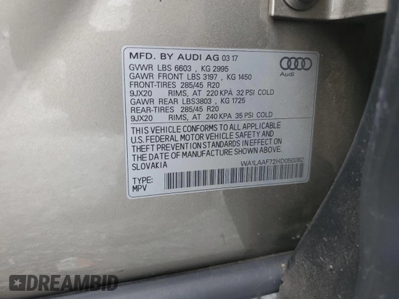 2017 Audi Q7 Premium Plus with VIN WA1LAAF72HD050062, listed as a Copart auction lot 50150045 with 117,846 mi miles and Salvage Title. Bid and sale history available at DreamBid. Image 13.