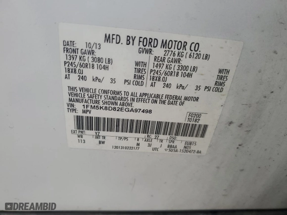 2014 Ford Explorer XLT with VIN 1FM5K8D82EGA97498, listed as a Copart auction lot 85325624 with NaN miles and Salvage Title. Bid and sale history available at carsss.com. Image 14.