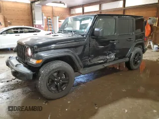 2021 Jeep Wrangler Unlimited Sahara High Altitude with VIN 1C4HJXEG4MW844446, listed as a Copart auction lot 76680594 with 27,124 mi miles and Salvage title. Bid and sale history available at DreamBid. Image 1.