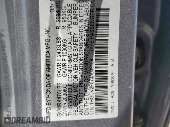 2018 Honda Accord EX-L with VIN 1HGCV2F57JA039159, listed as a Copart auction lot 58443495 with 86,772 mi miles and Salvage title. Bid and sale history available at DreamBid. Image 13.