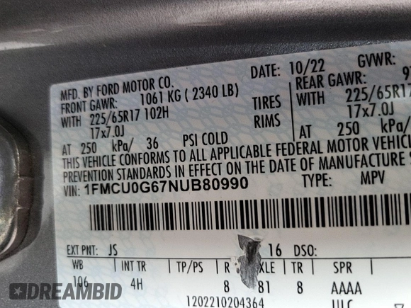 2022 Ford Escape SE with VIN 1FMCU0G67NUB80990, listed as a IAAI auction lot 42858836 with 94,635 mi miles and . Bid and sale history available at DreamBid. Image 18.
