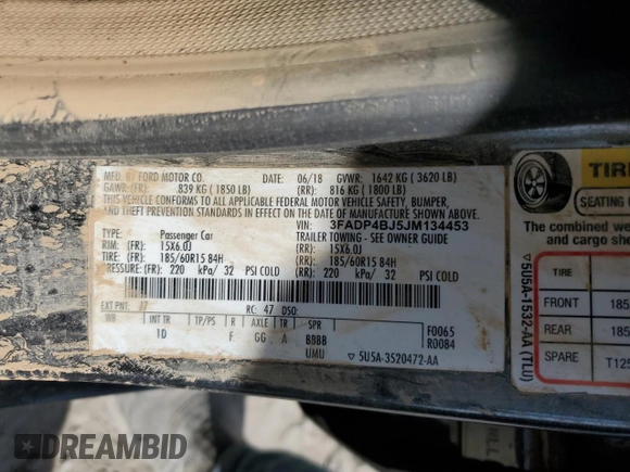 2018 Ford Fiesta SE with VIN 3FADP4BJ5JM134453, listed as a Copart auction lot 47799495 with 54,860 mi miles and Salvage Title. Bid and sale history available at carsss.com. Image 12.