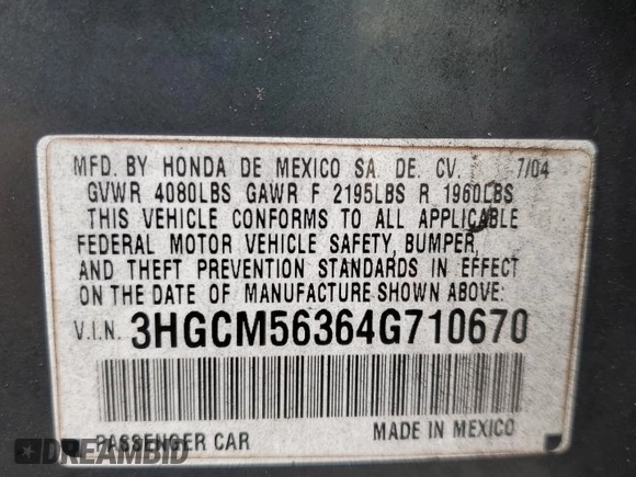 2004 Honda Accord LX with VIN 3HGCM56364G710670, listed as a Copart auction lot 58320725 with Not provided miles and Salvage title. Bid and sale history available at DreamBid. Image 13.