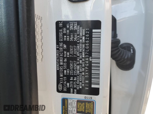 2020 Kia Sorento L with VIN 5XYPG4A37LG662621, listed as a Copart auction lot 89252095 with 86,549 mi miles and Salvage Title. Bid and sale history available at DreamBid. Image 13.
