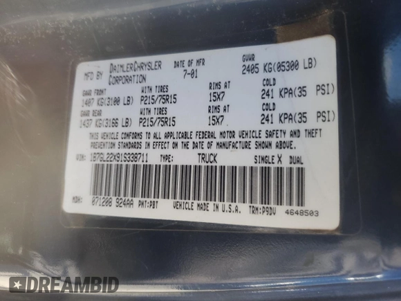 2001 Dodge Dakota z VIN 1B7GL22X91S338711, wystawiony jako Copart lot #54914095 z przebiegiem 200 216 mil mil oraz Szkoda całkowita • Salvage title. Historia ofert i sprzedaży dostępna na DreamBid. Obrazek 12.