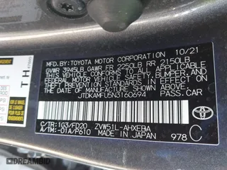 2022 Toyota Prius L Eco with VIN JTDKAMFU5N3160694, listed as a IAAI auction lot 41874909 with 80,376 mi miles. Bid and sale history available at carsss.com. Image 9.