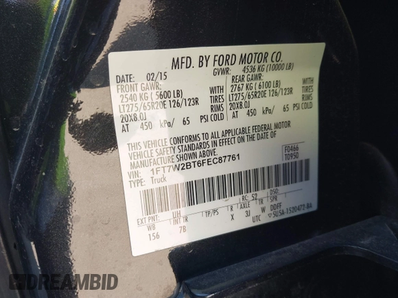 2015 Ford F-250 Lariat with VIN 1FT7W2BT6FEC87761, listed as a IAAI auction lot 41805945 with 160,324 mi miles and . Bid and sale history available at DreamBid. Image 9.