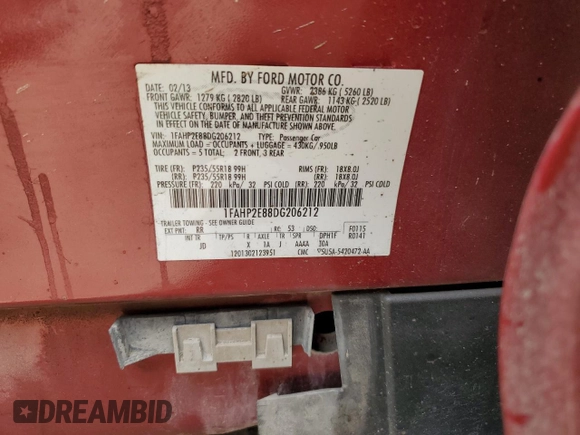 2013 Ford Taurus SEL with VIN 1FAHP2E88DG206212, listed as a Copart auction lot 53094064 with Not Provided miles and Non Repairable. Bid and sale history available at carsss.com. Image 12.