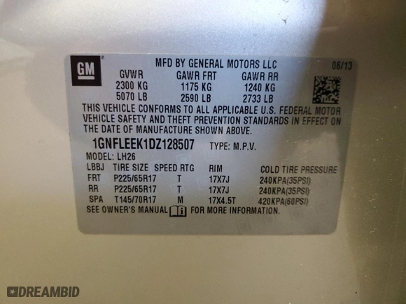2013 Chevrolet Equinox LT with VIN 1GNFLEEK1DZ128507, listed as a Copart auction lot 53681675 with 179,076 mi miles and Clean Title. Bid and sale history available at carsss.com. Image 14.