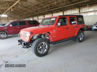 2020 Jeep Wrangler Unlimited Sahara Altitude with VIN 1C4HJXEN8LW268874, listed as a Copart auction lot 58557845 with 77,708 mi miles and Salvage title. Bid and sale history available at DreamBid. Image 1.