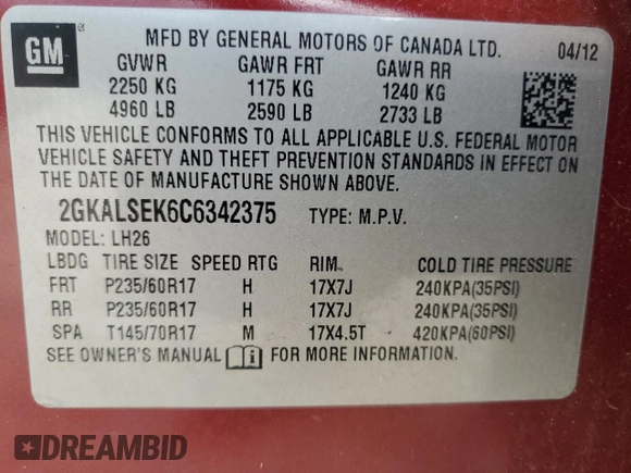 2012 GMC Terrain SLE-2 with VIN 2GKALSEK6C6342375, listed as a Copart auction lot 53983385 with 247,023 mi miles and Salvage Title. Bid and sale history available at DreamBid. Image 13.