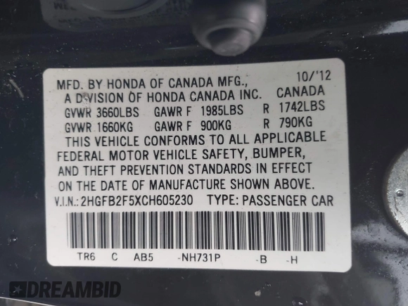 2012 Honda Civic LX with VIN 2HGFB2F5XCH605230, listed as a IAAI auction lot 41999663 with 221,815 mi miles and . Bid and sale history available at DreamBid. Image 9.