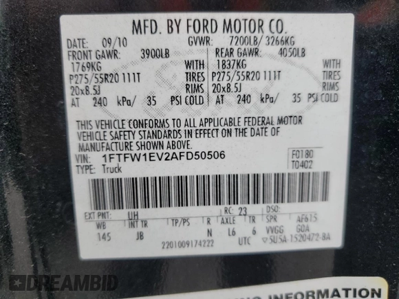 2010 Ford F-150 XL with VIN 1FTFW1EV2AFD50506, listed as a Copart auction lot 55256015 with 244,565 mi miles and Clean Title. Bid and sale history available at carsss.com. Image 12.