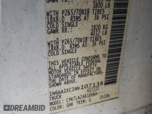 2022 Nissan Titan SV with VIN 1N6AA1EC1NN107138, listed as a Copart auction lot 86409644 with Not provided miles and Clean title. Bid and sale history available at DreamBid. Image 12.