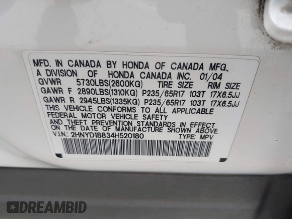 2004 Acura MDX Touring Pkg w/Navigation with VIN 2HNYD18834H520180, listed as a IAAI auction lot 41934124 with 201,817 mi miles. Bid and sale history available at carsss.com. Image 9.