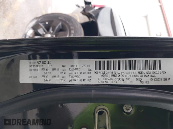 2017 Ram 1500 SLT z VIN 1C6RR7GG7HS704583, wystawiony jako IAAI lot #41080645 z przebiegiem 100 965 mil mil oraz . Historia ofert i sprzedaży dostępna na DreamBid. Obrazek 9.