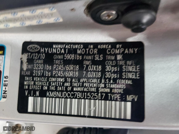 2011 Hyundai Veracruz Limited with VIN KM8NUDCC7BU152517, listed as a Copart auction lot 53604485 with 214,104 mi miles and Clean Title. Bid and sale history available at carsss.com. Image 13.