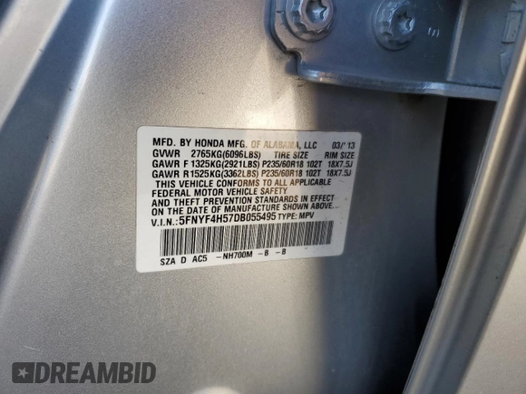 2013 Honda Pilot EX-L with VIN 5FNYF4H57DB055495, listed as a Copart auction lot 84903574 with 118,498 mi miles and Salvage Title. Bid and sale history available at DreamBid. Image 13.
