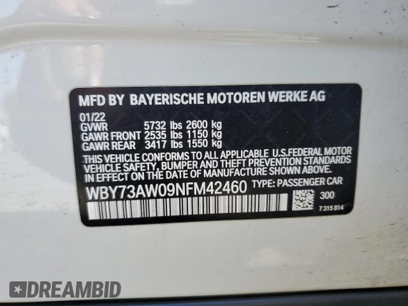 2022 BMW i4 eDrive40 with VIN WBY73AW09NFM42460, listed as a Copart auction lot 59141474 with 0 mi miles and Salvage Title. Bid and sale history available at carsss.com. Image 14.