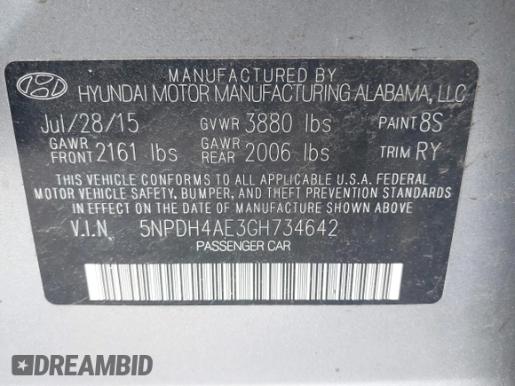 2016 Hyundai Elantra SE with VIN 5NPDH4AE3GH734642, listed as a IAAI auction lot 42188880 with 118,934 mi miles and . Bid and sale history available at DreamBid. Image 9.
