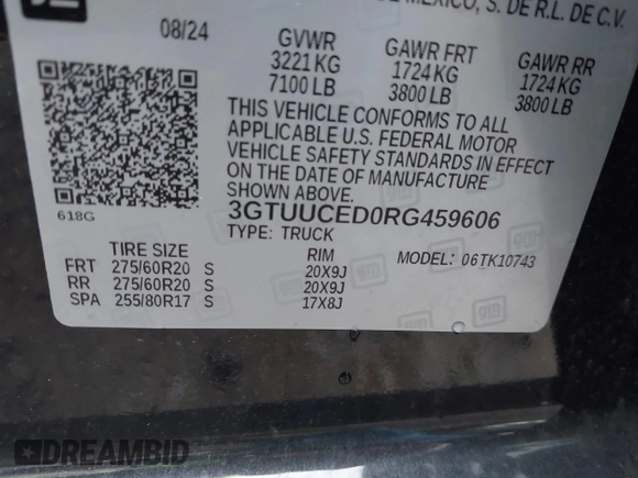 2024 GMC Sierra 1500 Elevation with VIN 3GTUUCED0RG459606, listed as a IAAI auction lot 42028315 with 5,546 mi miles and . Bid and sale history available at DreamBid. Image 9.