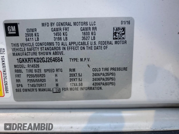 2016 GMC Acadia Denali with VIN 1GKKRTKD2GJ264684, listed as a Copart auction lot 82548924 with 109,365 mi miles and Salvage Title. Bid and sale history available at carsss.com. Image 15.