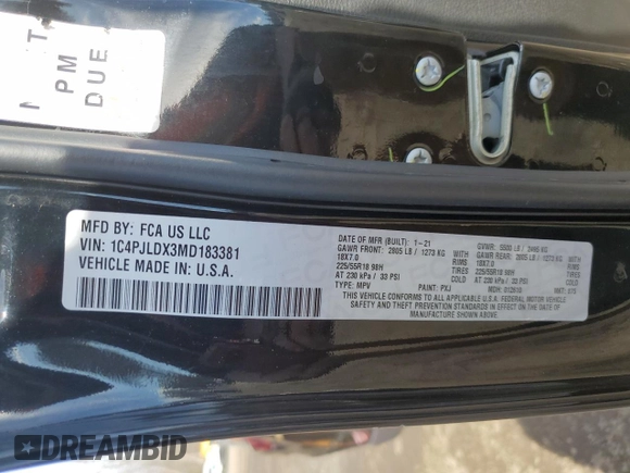 2021 Jeep Cherokee Limited with VIN 1C4PJLDX3MD183381, listed as a Copart auction lot 49480665 with 89,993 mi miles and Salvage title. Bid and sale history available at DreamBid. Image 13.