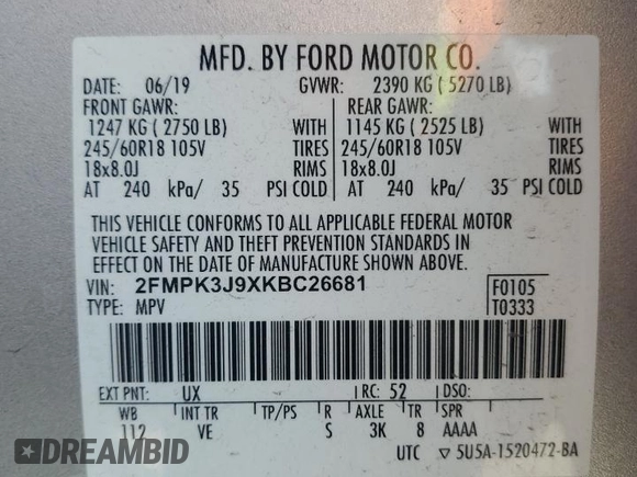2019 Ford Edge SEL with VIN 2FMPK3J9XKBC26681, listed as a Copart auction lot 48817005 with 93,674 mi miles and Salvage Title. Bid and sale history available at carsss.com. Image 12.
