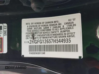 2007 Honda Civic Cpe LX with VIN 2HGFG12657H544935, listed as a IAAI auction lot 42101305 with 229,622 mi miles. Bid and sale history available at carsss.com. Image 9.
