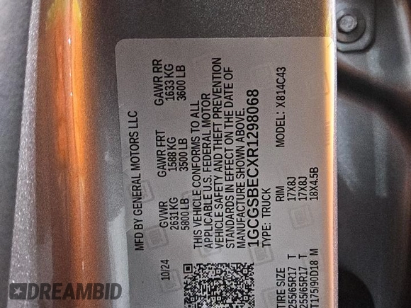 2024 Chevrolet Colorado 2WD Work Truck с VIN 1GCGSBECXR1298068, выставлен на аукционе Copart как лот 58307725 с пробегом 2 559 миль миль и Чистый • Clean title. История ставок и продаж доступна на DreamBid. Изображение 13.