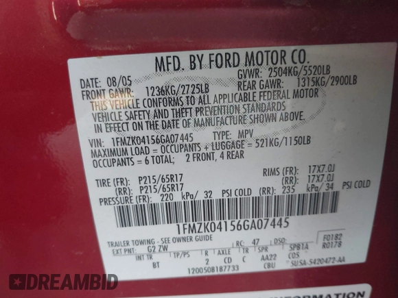 2006 Ford Freestyle SE z VIN 1FMZK04156GA07445, wystawiony jako IAAI lot #42450927 z przebiegiem 139 521 mil mil oraz . Historia ofert i sprzedaży dostępna na DreamBid. Obrazek 9.