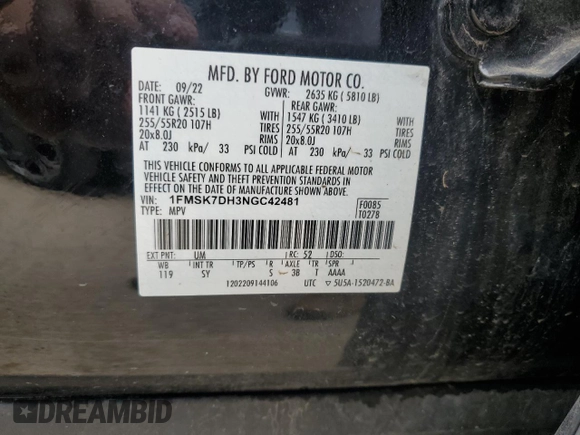2022 Ford Explorer XLT z VIN 1FMSK7DH3NGC42481, wystawiony jako Copart lot #58713175 z przebiegiem 42 334 mil mil oraz Czysty tytuł • Clean title. Historia ofert i sprzedaży dostępna na DreamBid. Obrazek 14.