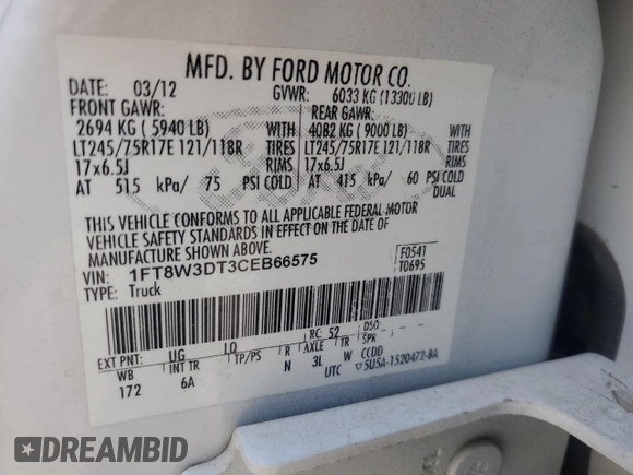 2012 Ford F-350 XL with VIN 1FT8W3DT3CEB66575, listed as a Copart auction lot 85498144 with 242,414 mi miles and Salvage Title. Bid and sale history available at DreamBid. Image 14.