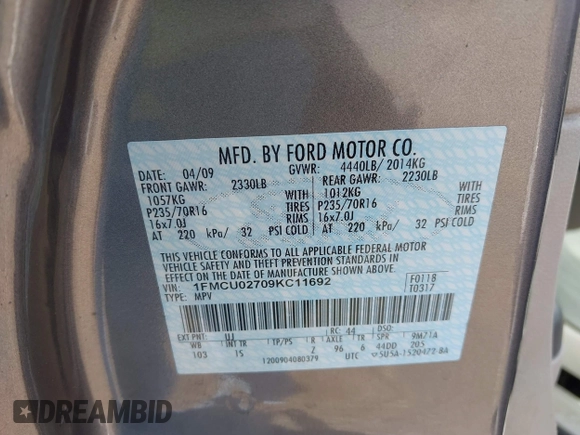 2009 Ford Escape XLS z VIN 1FMCU02709KC11692, wystawiony jako IAAI lot #42202890 z przebiegiem 155 243 mil mil oraz . Historia ofert i sprzedaży dostępna na DreamBid. Obrazek 9.